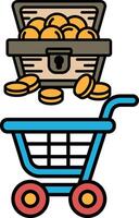 A blue shopping cart with a gold colored box of coins in front of it vector