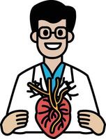 A man in a white lab coat holding a heart with veins vector