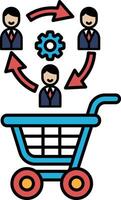 A blue shopping cart with three people on it and arrows pointing to it vector