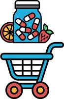 A blue shopping cart with a jar of pills and a strawberry on top vector
