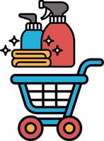 A blue shopping cart with a red and blue bottle on top of it vector