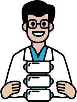 A man in a white lab coat is holding a stack of white boxes vector