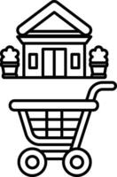 A black and white drawing of a shopping cart next to a building vector