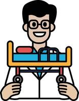 A man in a white lab coat is holding a hospital bed vector