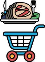 A cartoon of a shopping cart with a plate of food on top of it vector