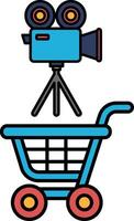A blue shopping cart with a camera and tripod on top of it vector