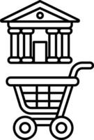 A black and white drawing of a shopping cart next to a building with columns vector