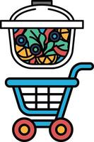 A blue shopping cart with a white lid and a white bowl of salad on top vector