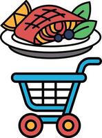A cartoon of a blue shopping cart with a plate of food on top of it vector
