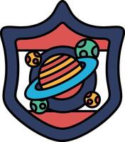 A colorful shield with a planet and a bunch of balls on it vector