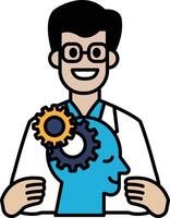 A man in a white lab coat is holding a blue head with a gear on it vector