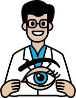 A man in a white lab coat holding an eye up to the camera vector