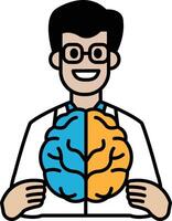 A man is holding a brain with two halves, one blue and one orange vector