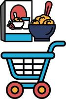A cartoonish image of a blue shopping cart with a box of cereal vector