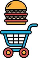 A cartoon image of a shopping cart with a hamburger and a bun on top of it vector