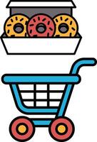 A blue shopping cart with a box of donuts in it vector