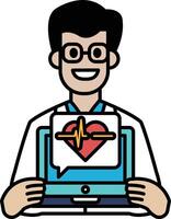A man is holding a laptop with a heart on it vector