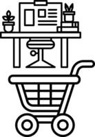A black and white drawing of a shopping cart with a desk vector