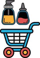 A blue shopping cart with a bottle of soap and a bottle of lotion on it vector