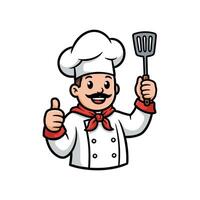 Happy chef cartoon character with thumbs up, smiling, and holding a spatula vector