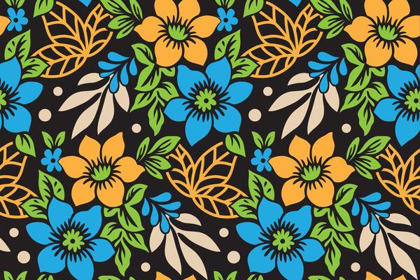 Seamless abstract plant leaf art pattern with colorful hand drawn scribble collage. Black background. Organic leaf cartoon, simple nature shapes in vintage pastel.