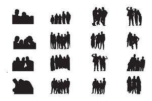 16 set of Group photos black silhouettes on white background. Each silhouette showcases different postures, angles, and types. vector