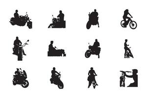 Group of Motorcycle and motorcyclist black silhouettes, each depicting a person riding a motorcycle or scooter. Each silhouette showcases different postures, angles, and types of two-wheelers. vector