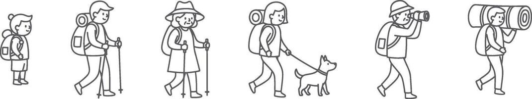 Hand drawn outline icons of hikers in various front facing or angled poses with backpacks walking hiking carrying gear trekking with dog and camera vector