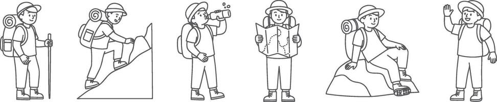 Essential hiking illustration set featuring hikers in various outdoor activities including standing with backpack and walking stick climbing a slope drinking water reading a map vector