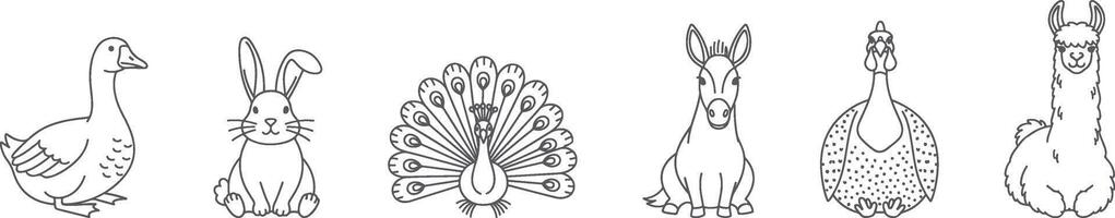 Minimal Farm and Exotic Animals Line Art Illustration Featuring Goose Rabbit Peacock Mule Guinea Fowl and Llama in Simple Cute Style for Farm Decor vector