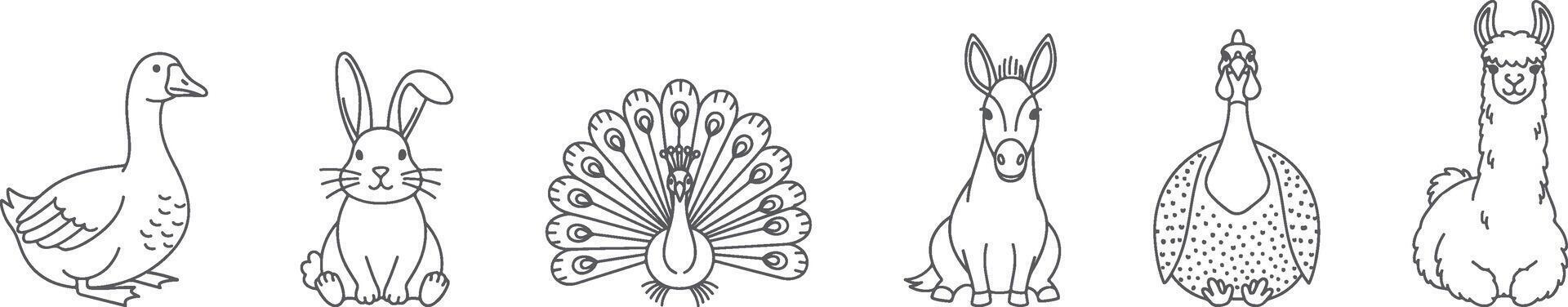 Minimal Farm and Exotic Animals Line Art Illustration Featuring Goose Rabbit Peacock Mule Guinea Fowl and Llama in Simple Cute Style for Farm Decor