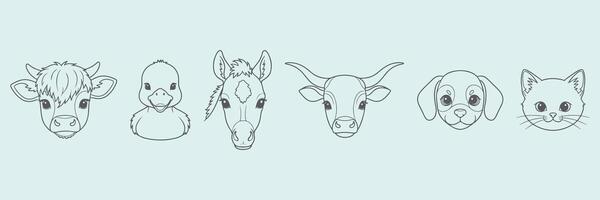 Minimalist Hand-Drawn Baby Farm Animal Face Icons Calf, Duckling, Foal, Puppy, Kitten Cute Set in Continuous Line Art Style vector