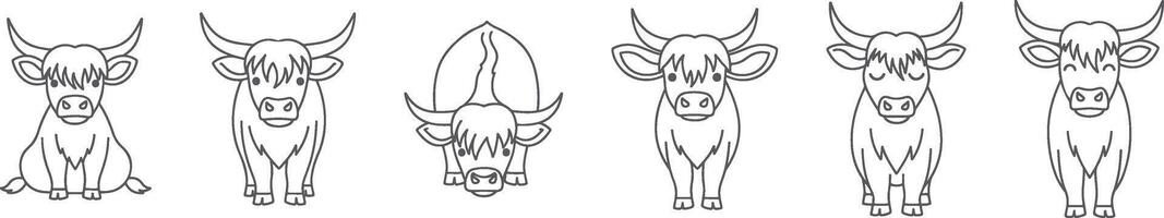 Hand Drawn Outline Icons of Highland Cow in Diverse Poses, Rustic Farm Animal Illustrations, Scottish Cattle Line Art, Vintage Style Highland Cows, Minimalist Animal Sketches for Logos and Branding vector