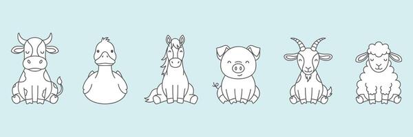 Minimal Farm Animal Line Art Illustration Featuring Cow Duck Horse Goat Pig and Sheep in Cute Simplified Style Perfect for Agricultural Projects Farm Branding vector