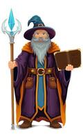 ancient fantasy magic sorcerer wizard witcher elderly man with beard in hat and cape cartoon illustration isolated on white background vector