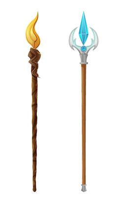 ancient fantasy staff of a sorcerer or witcher made of wood and magic stone cartoon illustration isolated on white background