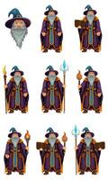set ancient fantasy magic sorcerer wizard witcher elderly man with beard in hat and cape cartoon illustration isolated on white background vector