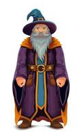 ancient fantasy magic sorcerer wizard witcher elderly man with beard in hat and cape cartoon illustration vector
