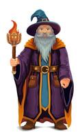 ancient fantasy magic sorcerer wizard witcher elderly man with beard in hat and cape cartoon illustration isolated on background vector