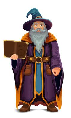 ancient fantasy magic sorcerer wizard witcher elderly man with beard in hat and cape cartoon illustration isolated background