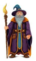 ancient fantasy magic sorcerer wizard witcher elderly man with beard in hat and cape cartoon illustration isolated vector
