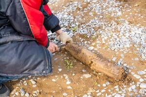 Man cutting and cleaning soil sample for laboratory analysis. Preparation of core material for geotechnical testing and scientific evaluatio. High quality photo