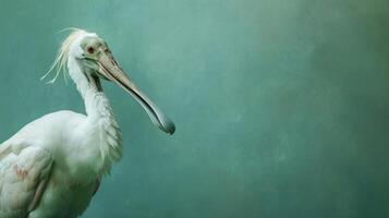 Elegant White Bird with Unique Feather Crest Profile on Soft Green Background with Copy Space, Exotic Water Bird Close-up, Wildlife Photography, Nature and Serenity photo