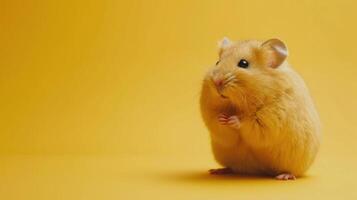 Adorable Fluffy Hamster Sitting on Bright Yellow Background, Cute Small Rodent Pet with Whiskers and Curious Expression, Soft Fur Texture, Copy Space photo