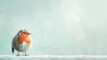 Robin Bird Perched on Snowy Branch with Soft Winter Background and Copy Space, Detailed Feather Texture, Wildlife Photography, Winter Nature Scene photo