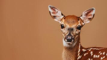 Charming Fawn Portrait with Warm Muted Background and Copy Space, Close-up of Young Deer with Expressive Eyes, Wildlife Photography, Nature and Calm Concept photo