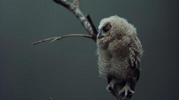 Fledgling Owl Perched on Branch with Soft Feather Detail Against Dark Background, Wildlife Photography, Baby Owl Close-up with Copy Space for Text, Nature and Bird Watching photo