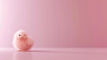 Pink Chick Standing on Soft Pink Background with Copy Space, Cute Animal Photography, Pastel Color Pet Portrait, Creative Easter Theme photo