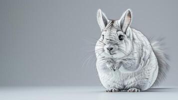 Fluffy Gray Chinchilla Sitting on Gray Background, Cute Exotic Pet Portrait with Soft Fur and Big Eyes, Adorable Rodent Closeup Photography, Copy Space for Text photo