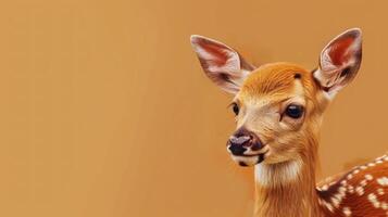 Adorable Fawn Portrait with Soft Muted Background and Copy Space, Close-up of Young Deer with Expressive Eyes, Wildlife Photography, Nature and Serenity Concept photo